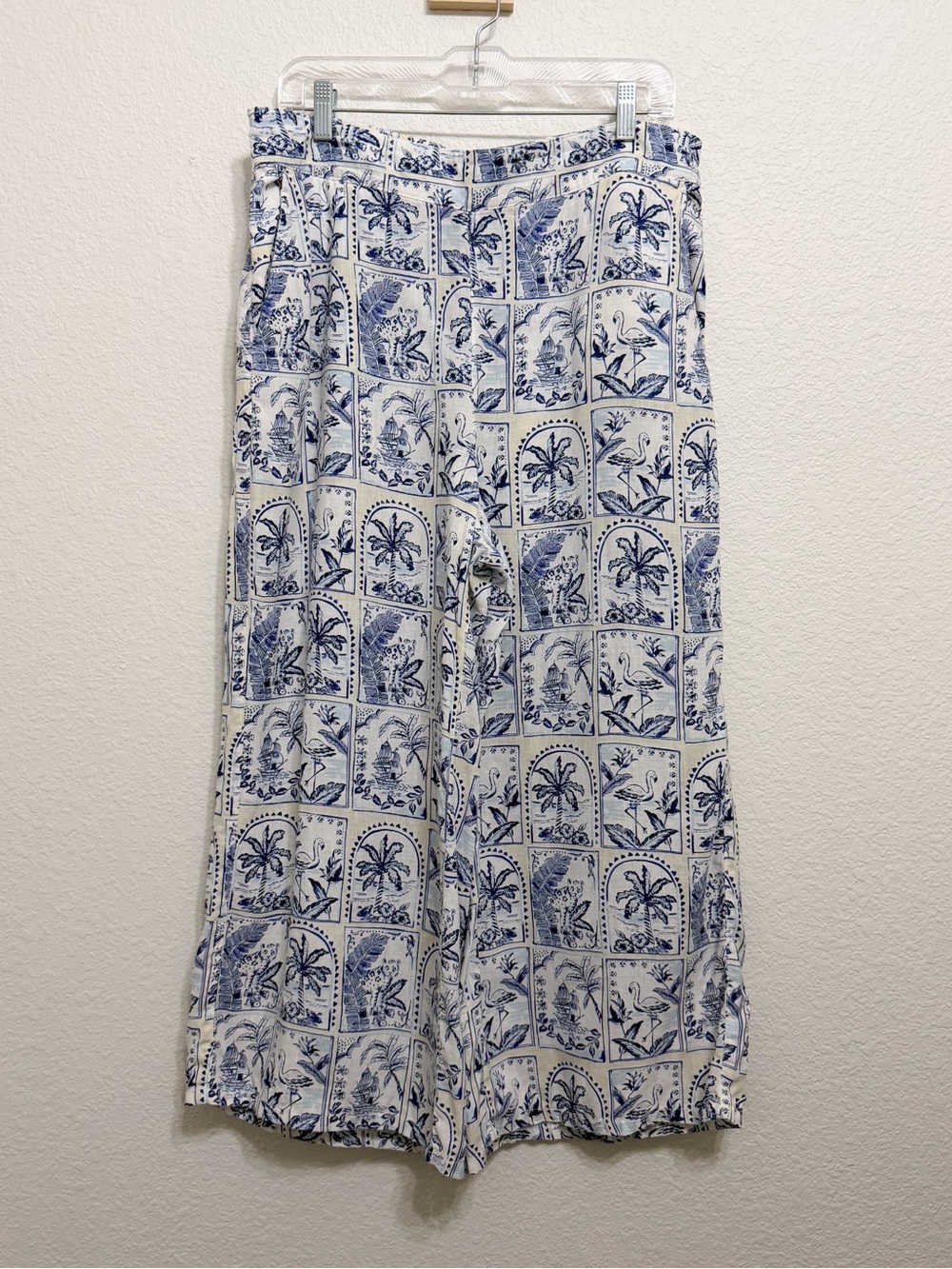 100% Linen Coastal Nautical Print Wide Leg Elastic Back Pants XL